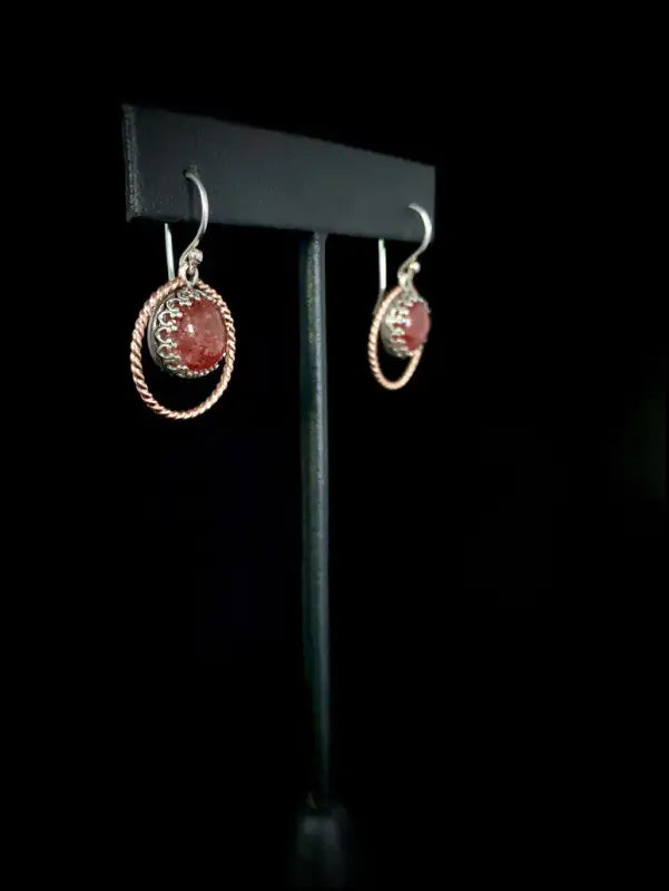 Strawberry Quartz Sterling Silver and 14k Rose GF Halo Dangle Earrings - Jewelry
