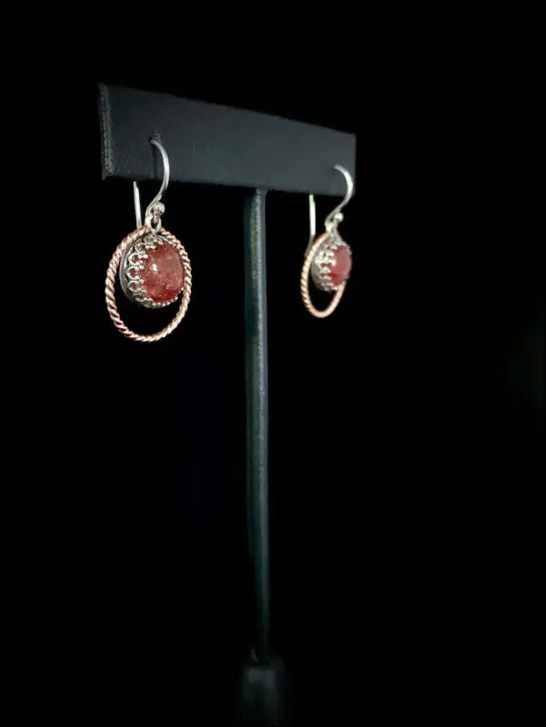 Strawberry Quartz Sterling Silver and 14k Rose GF Halo Dangle Earrings - Jewelry