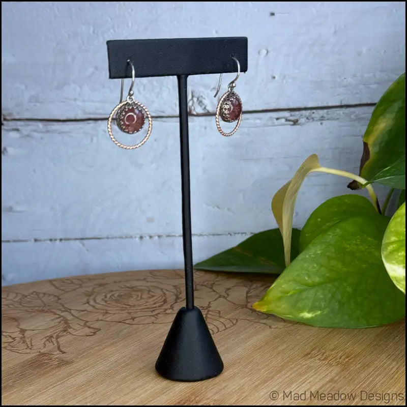 Strawberry Quartz Sterling Silver and 14k Rose GF Halo Dangle Earrings - Jewelry