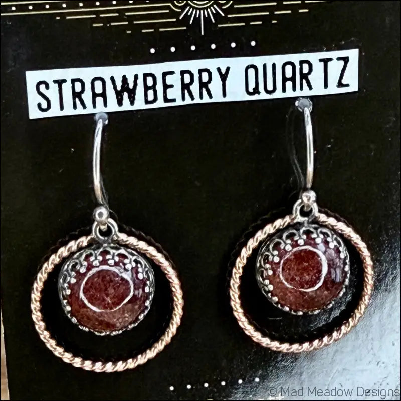 Strawberry Quartz Sterling Silver and 14k Rose GF Halo Dangle Earrings - Jewelry