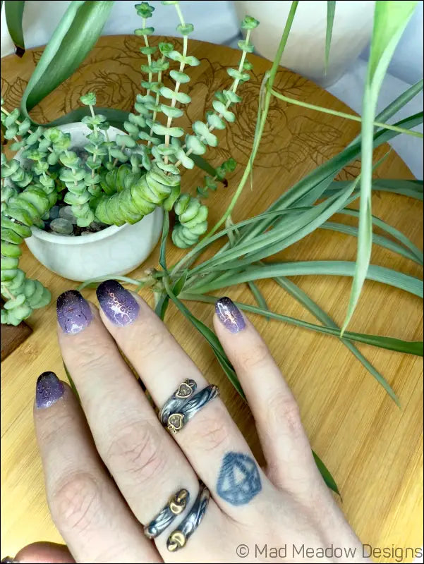 Swirl Sterling Silver Wrap Ring with Brass Accents Flowers Mushrooms Strawberries - Strawberries - Jewelry