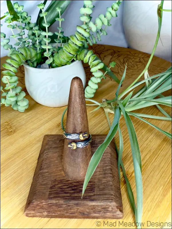 Swirl Sterling Silver Wrap Ring with Brass Accents Flowers Mushrooms Strawberries - Jewelry
