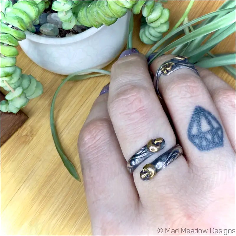 Swirl Sterling Silver Wrap Ring with Brass Accents Flowers Mushrooms Strawberries - Mushrooms - Jewelry