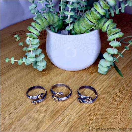 Swirl Sterling Silver Wrap Ring with Brass Accents Flowers Mushrooms Strawberries - Jewelry