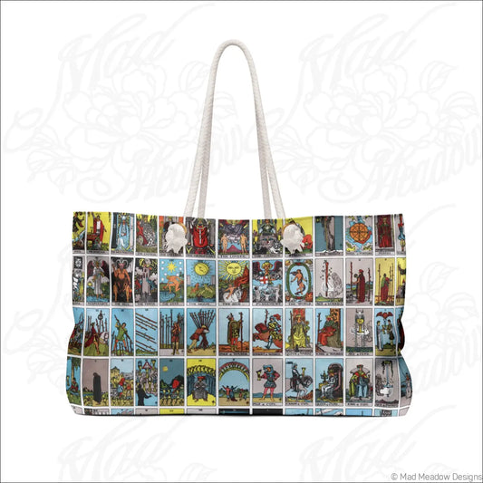 A white spun polyester tarot card collage weekender bag with vibrant print and sturdy rope handles care instructions included