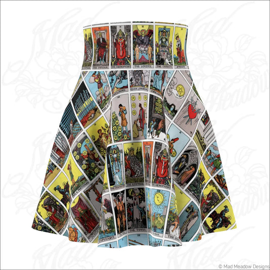 A high waisted flared skater skirt with vibrant tarot card print in bold colors and care instructions to line dry
