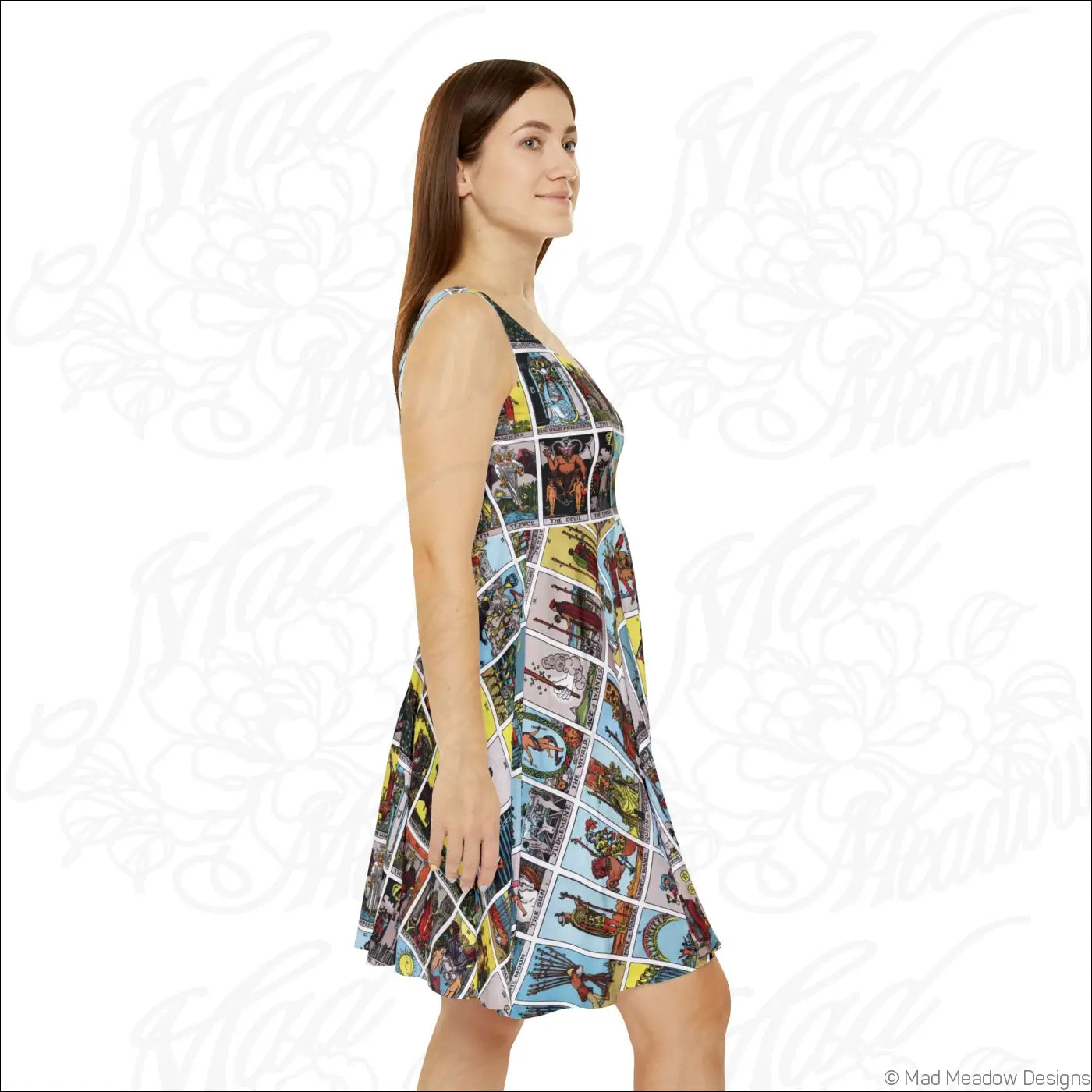 A sleeveless tarot card print skater dress with a high-cut scoop neckline and vintage arcana colorful collage design