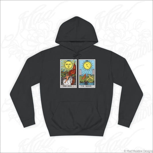 Black hoodie with vibrant tarot card sun and moon graphic on front made for comfy wear with low heat care instructions