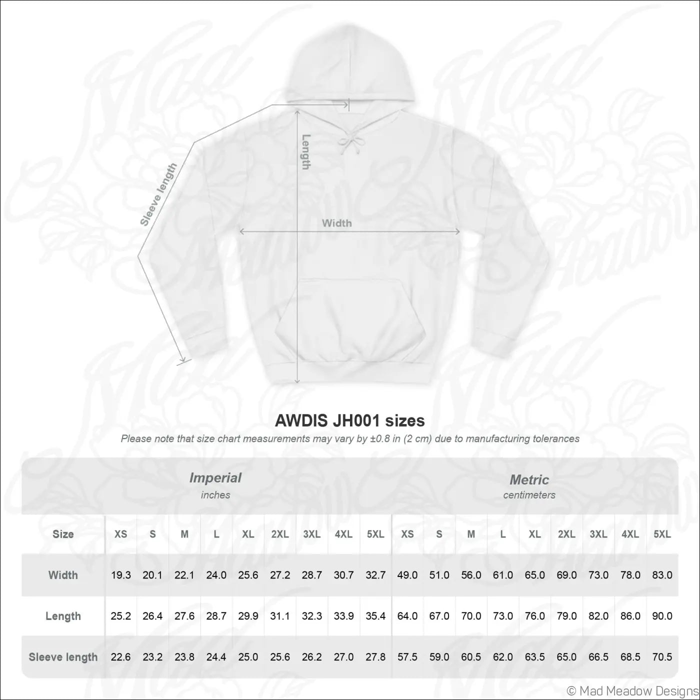 White hooded sweatshirt featuring tarot card mystic design with size chart and low heat care instructions below