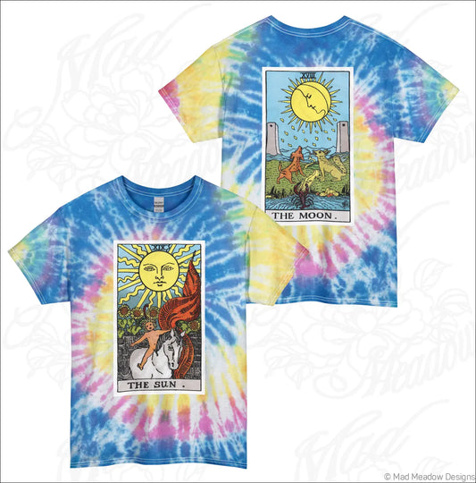 Blue yellow and pink tie-dye tarot sun and moon t-shirt with celestial tarot card graphics made of ring-spun cotton and machine wash care instructions