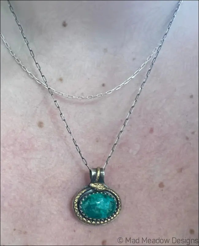 Chrysoprase Sterling Silver and Brass Snake Pendant necklace - Jewelry