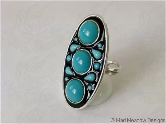 Turquoise Glass Statement Ring Sterling Silver Hand Fabricated Eco Friendly Vintage Aqua Glass Cabochon Set in Black