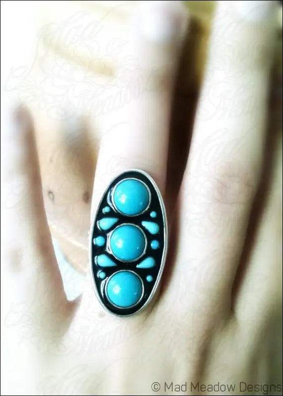 Turquoise Glass Statement Ring Sterling Silver Hand Fabricated Eco Friendly Vintage Aqua Glass Cabochon Set in Black