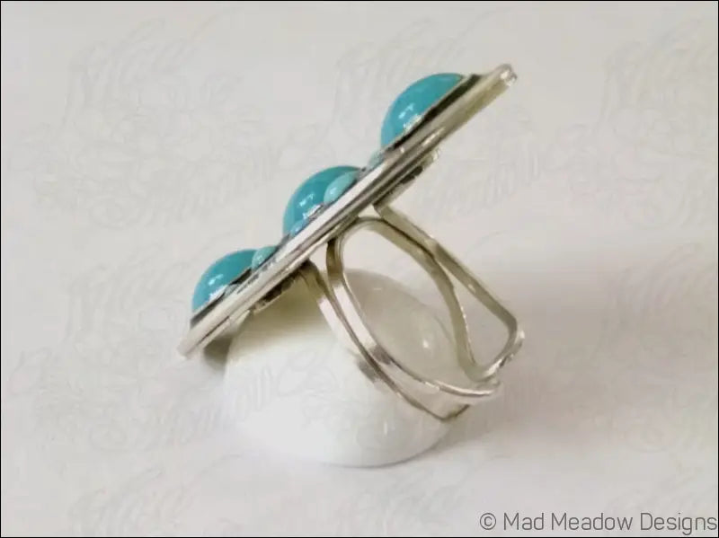Turquoise Glass Statement Ring Sterling Silver Hand Fabricated Eco Friendly Vintage Aqua Glass Cabochon Set in Black