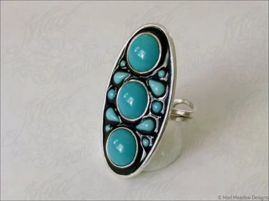 Turquoise Glass Statement Ring Sterling Silver Hand Fabricated Eco Friendly Vintage Aqua Glass Cabochon Set in Black
