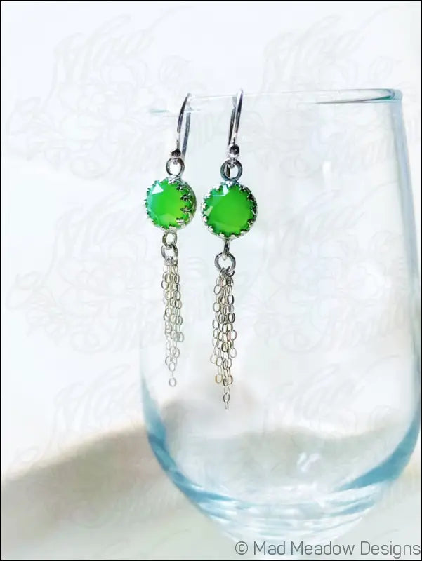 Vibrant Green 8mm Rose Cut Chrysoprase Chalcedony Sterling Silver Chain Tassel Earrings - Jewelry
