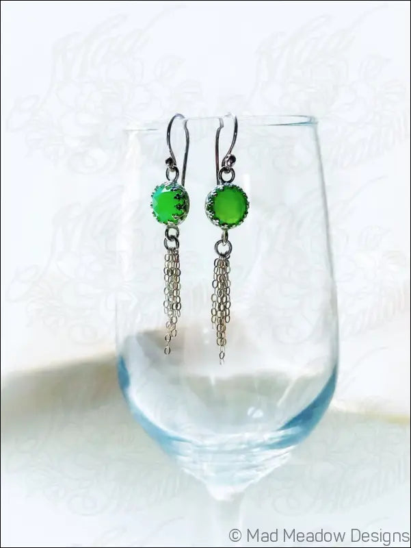 Vibrant Green 8mm Rose Cut Chrysoprase Chalcedony Sterling Silver Chain Tassel Earrings - Jewelry