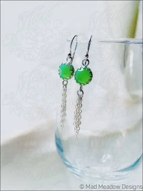 Vibrant Green 8mm Rose Cut Chrysoprase Chalcedony Sterling Silver Chain Tassel Earrings - Jewelry