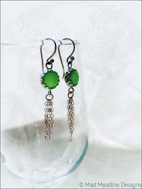Vibrant Green 8mm Rose Cut Chrysoprase Chalcedony Sterling Silver Chain Tassel Earrings - Jewelry