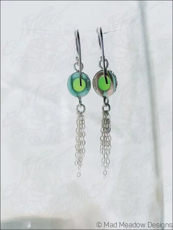 Vibrant Green 8mm Rose Cut Chrysoprase Chalcedony Sterling Silver Chain Tassel Earrings - Jewelry