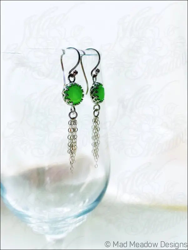 Vibrant Green 8mm Rose Cut Chrysoprase Chalcedony Sterling Silver Chain Tassel Earrings - Jewelry