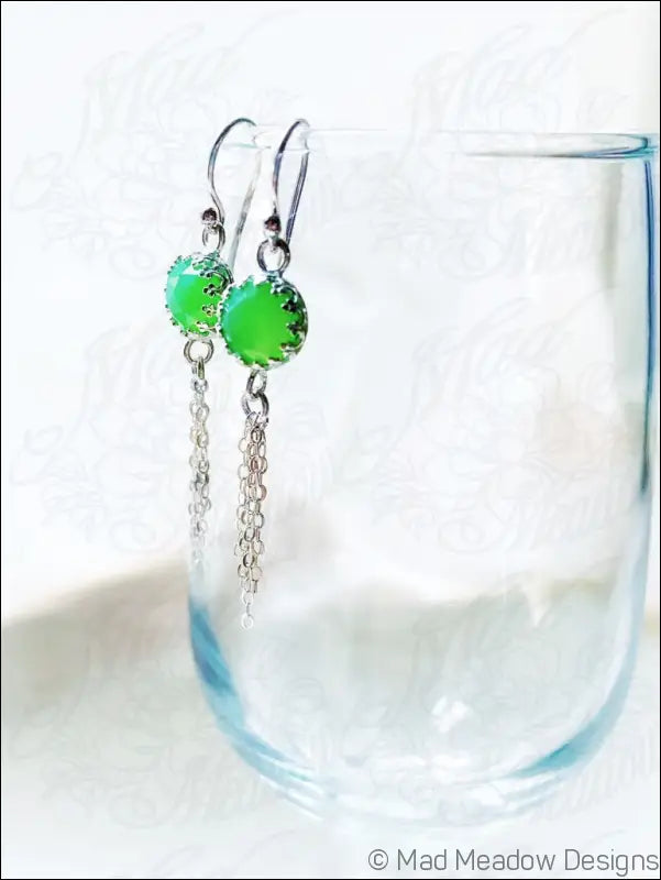Vibrant Green 8mm Rose Cut Chrysoprase Chalcedony Sterling Silver Chain Tassel Earrings - Jewelry