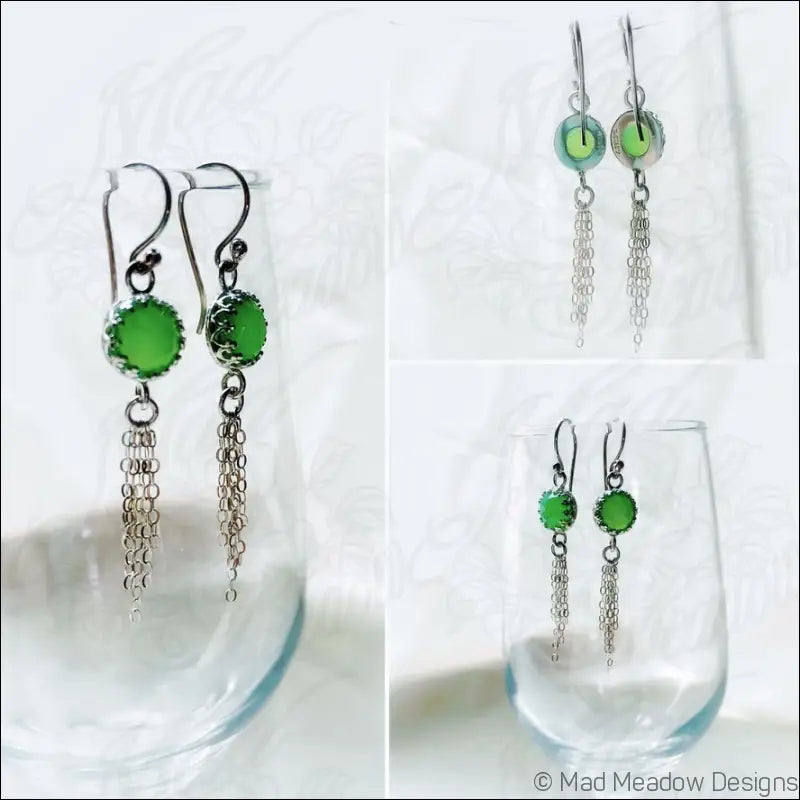 Vibrant Green 8mm Rose Cut Chrysoprase Chalcedony Sterling Silver Chain Tassel Earrings - Jewelry