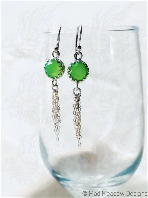 Vibrant Green 8mm Rose Cut Chrysoprase Chalcedony Sterling Silver Chain Tassel Earrings - Jewelry