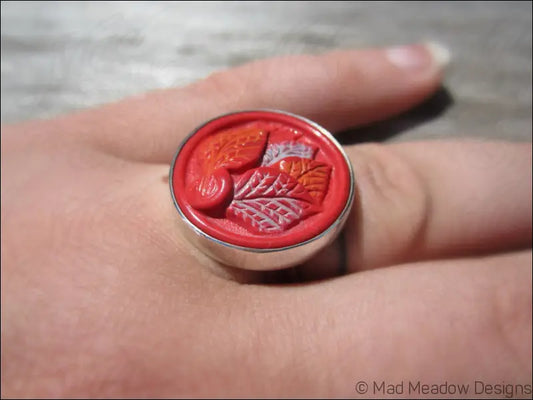 Vintage Button Sterling Silver Adjustable Statement Ring Hand Fabricated Bezel Set Red Orange Light Blue Leaves
