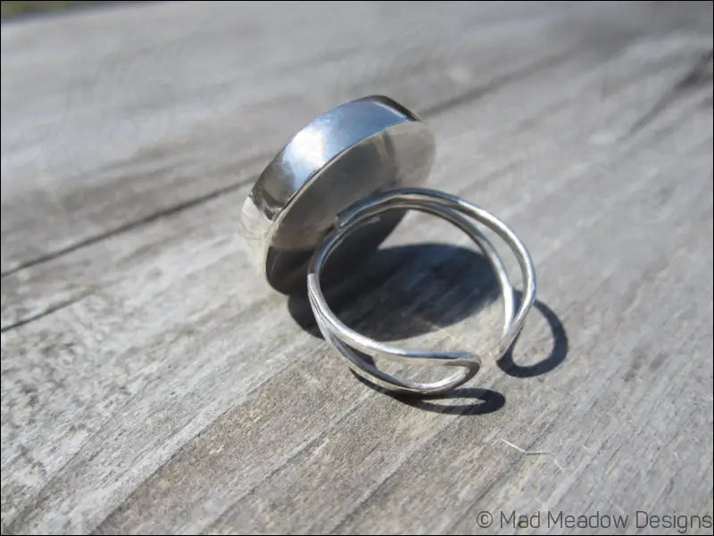 Vintage Button Sterling Silver Adjustable Statement Ring Hand Fabricated Bezel Set Red Orange Light Blue Leaves