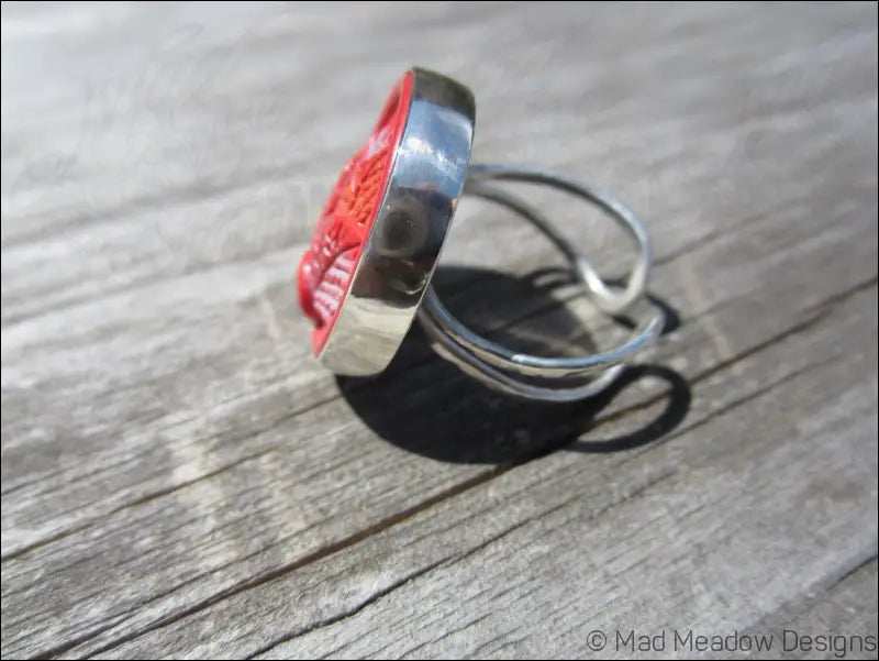 Vintage Button Sterling Silver Adjustable Statement Ring Hand Fabricated Bezel Set Red Orange Light Blue Leaves