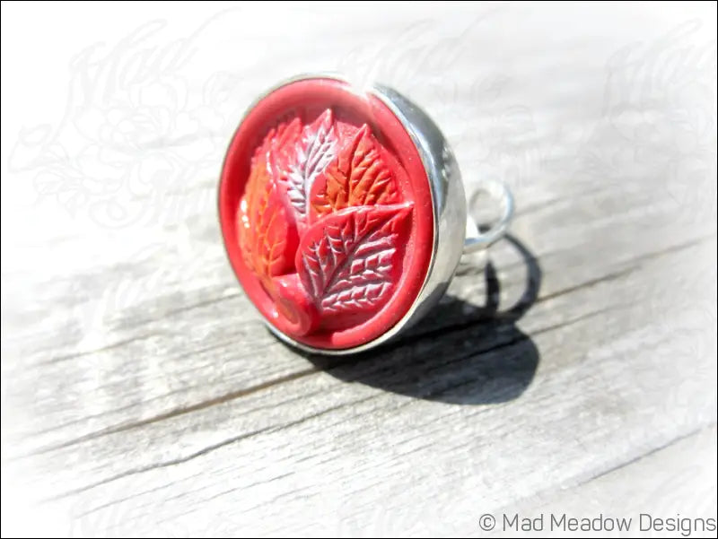 Vintage Button Sterling Silver Adjustable Statement Ring Hand Fabricated Bezel Set Red Orange Light Blue Leaves
