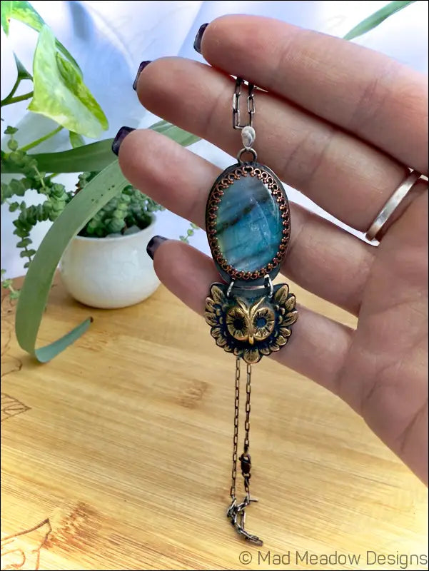 Labradorite Sterling Silver Pendant with Copper Bezel and Brass Owl on 18’’ Cable Chain - Jewelry