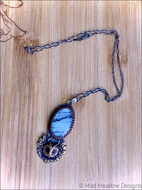 Labradorite Sterling Silver Pendant with Copper Bezel and Brass Owl on 18’’ Cable Chain - Jewelry