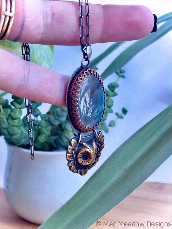 Labradorite Sterling Silver Pendant with Copper Bezel and Brass Owl on 18’’ Cable Chain - Jewelry