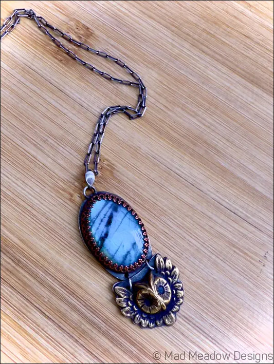 Labradorite Sterling Silver Pendant with Copper Bezel and Brass Owl on 18’’ Cable Chain - Jewelry