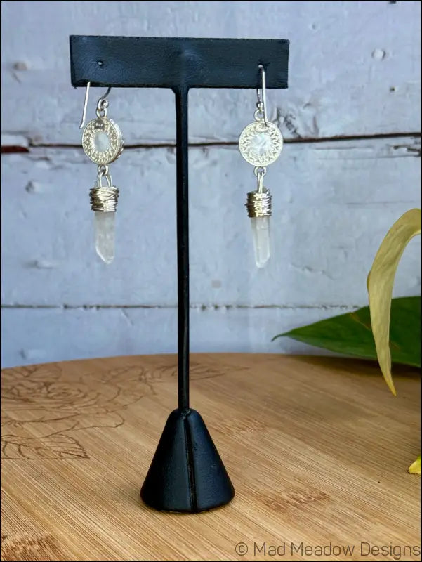 White Goddess Mother of Pearl and Quartz Point Sterling Silver Dangle Earrings - Jewelry