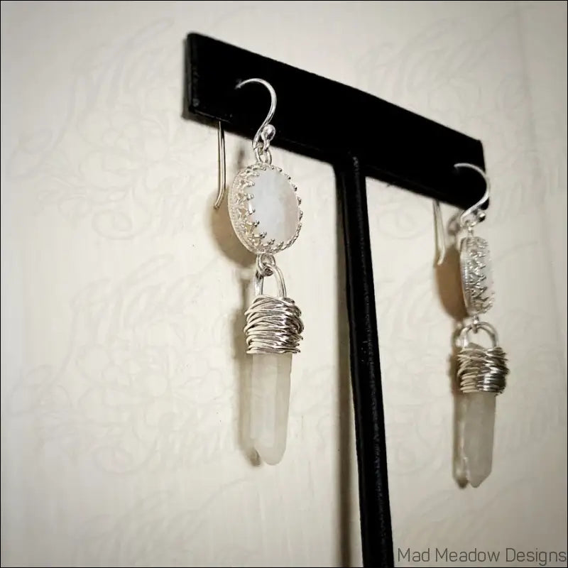 White Goddess Mother of Pearl and Quartz Point Sterling Silver Dangle Earrings - Jewelry