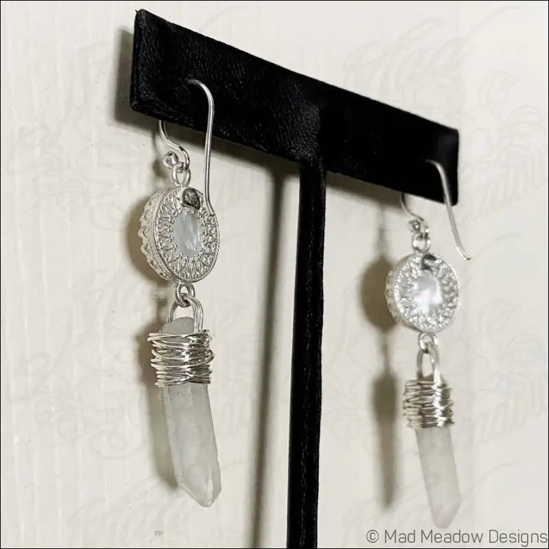 White Goddess Mother of Pearl and Quartz Point Sterling Silver Dangle Earrings - Jewelry