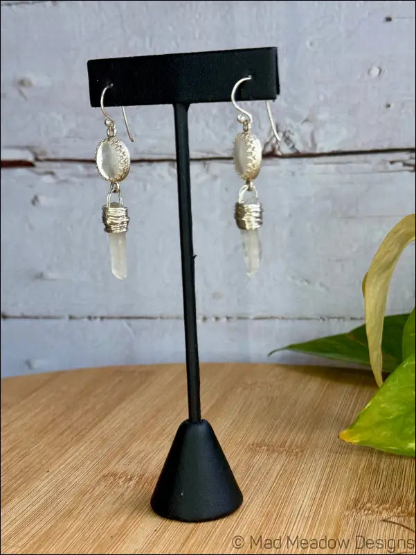 White Goddess Mother of Pearl and Quartz Point Sterling Silver Dangle Earrings - Jewelry