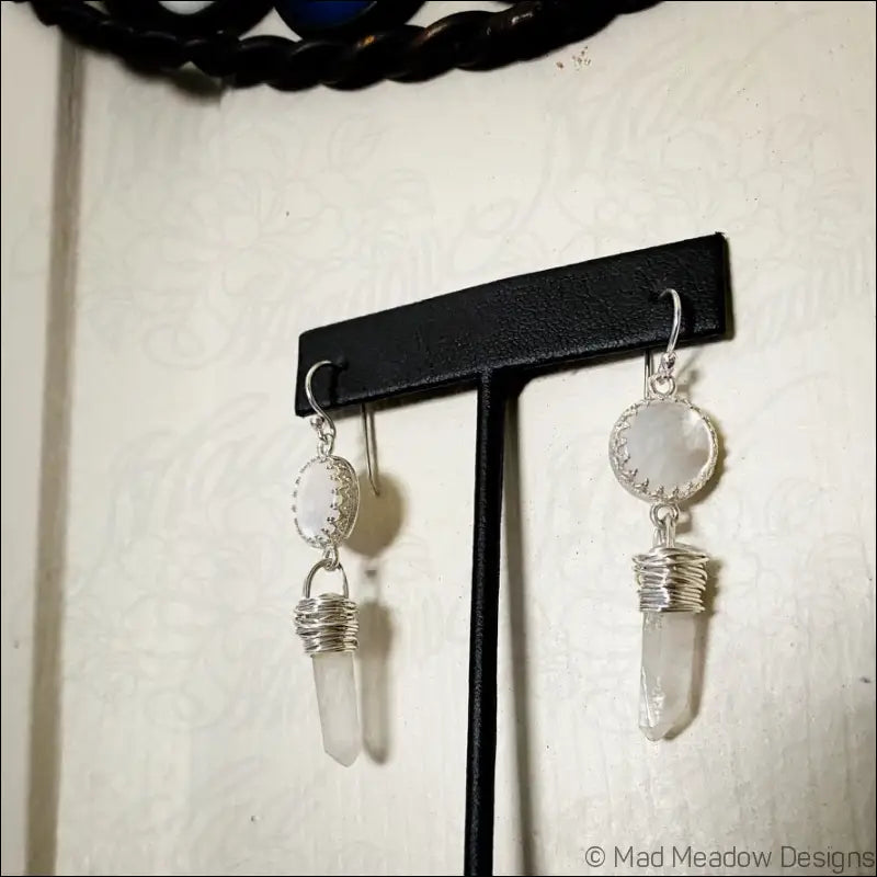 White Goddess Mother of Pearl and Quartz Point Sterling Silver Dangle Earrings - Jewelry