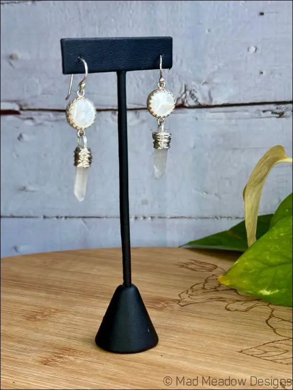 White Goddess Mother of Pearl and Quartz Point Sterling Silver Dangle Earrings - Jewelry