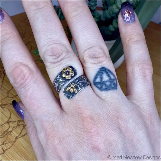 Wide Sterling Silver Adjustable Wrap Ring with Brass Animal and Insect Accents - Jewelry