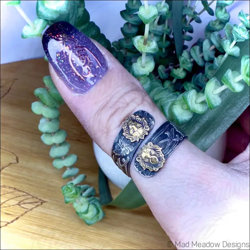 Wide Sterling Silver Adjustable Wrap Ring with Brass Animal and Insect Accents - Lions - Jewelry