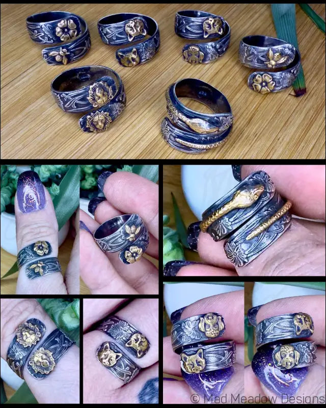 Wide Sterling Silver Adjustable Wrap Ring with Brass Animal and Insect Accents - Jewelry
