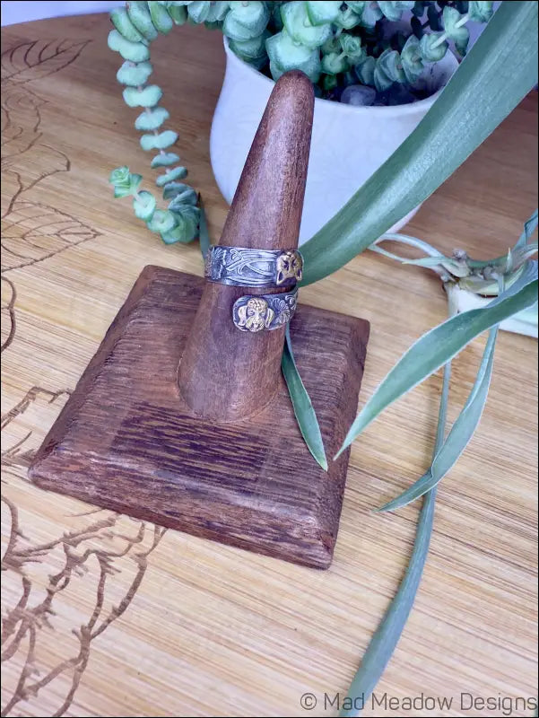 Wide Sterling Silver Adjustable Wrap Ring with Brass Animal and Insect Accents - Jewelry