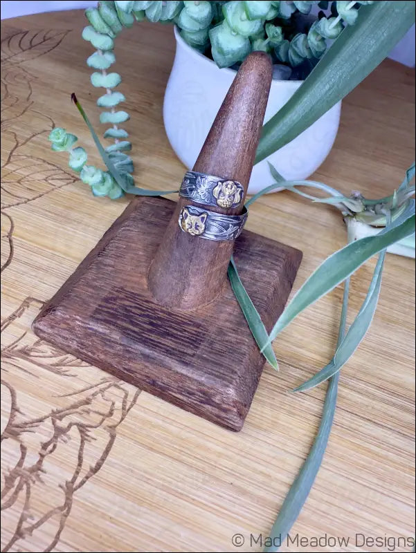 Wide Sterling Silver Adjustable Wrap Ring with Brass Animal and Insect Accents - Jewelry