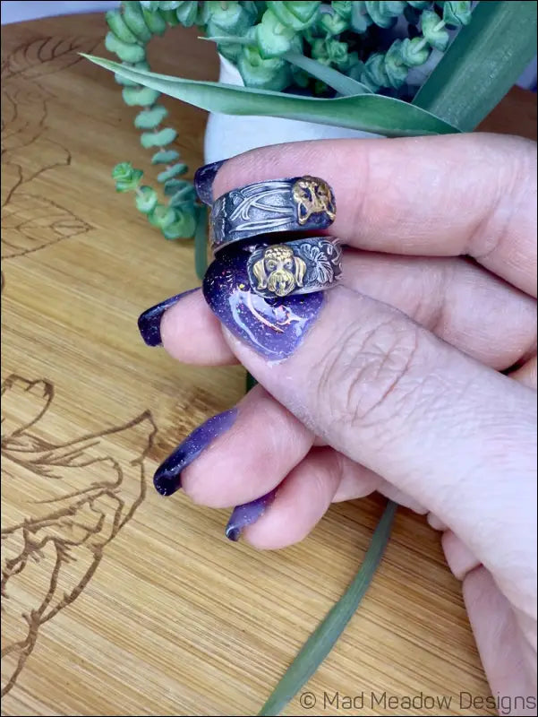 Wide Sterling Silver Adjustable Wrap Ring with Brass Animal and Insect Accents - Cat & Dog - Jewelry