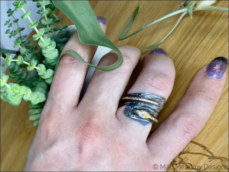 Wide Sterling Silver Adjustable Wrap Ring with Brass Animal and Insect Accents - Snake - Jewelry