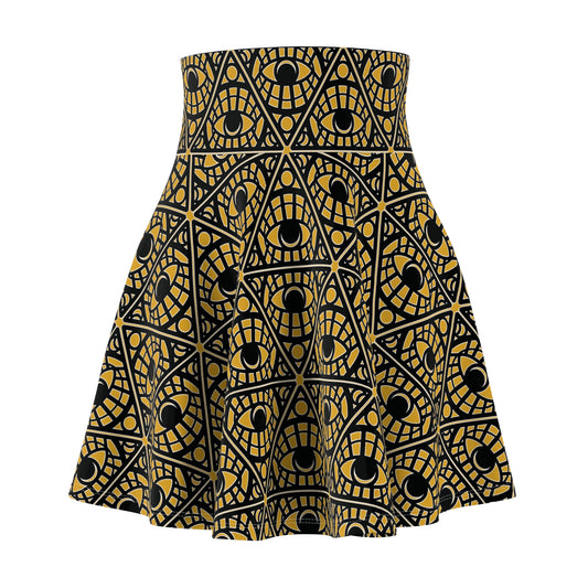 Mystic Eye Tribal Pattern Skater Skirt — Mustard Allover Print